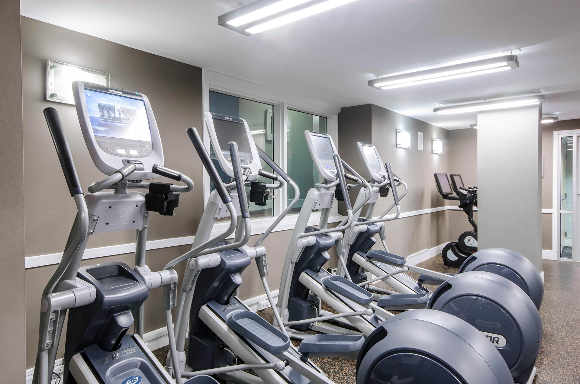 Closeup shot of elliptical machines in the fitness room